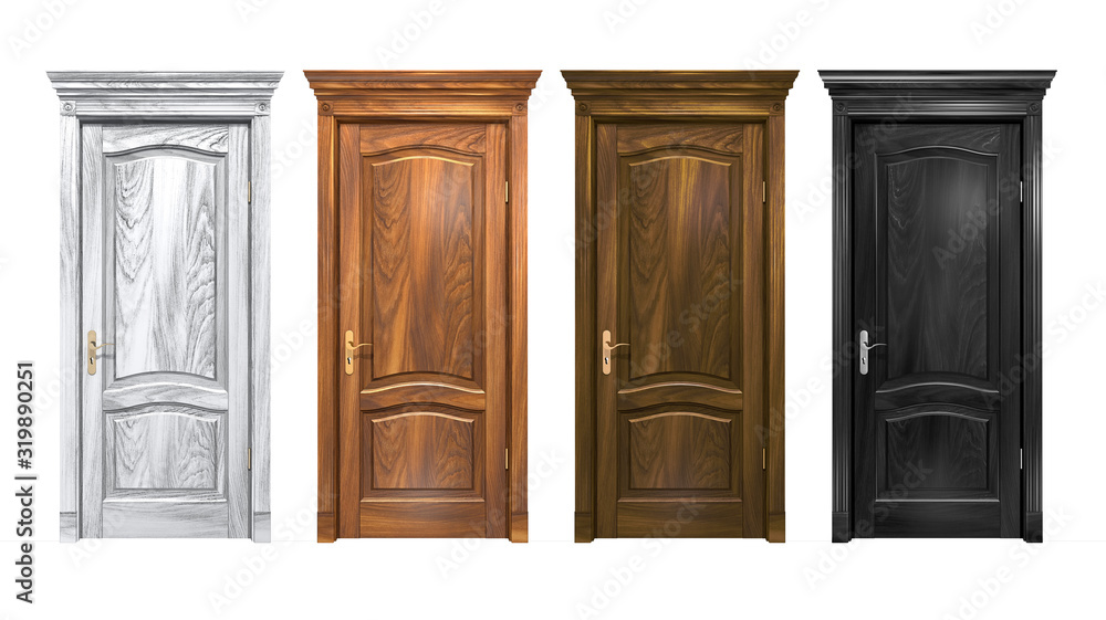 Set of black, brown, gray wooden doors isolated on white. Hard wood vintage doorway with trim, cornice, columns. High resolution 3D rendering of oak entrance with copy space