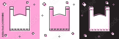 Set Plastic bag icon isolated on pink and white, black background. Disposable cellophane and polythene package prohibition sign. Vector Illustration