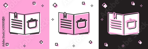 Set Cookbook icon isolated on pink and white, black background. Cooking book icon. Recipe book. Fork and knife icons. Cutlery symbol. Vector Illustration