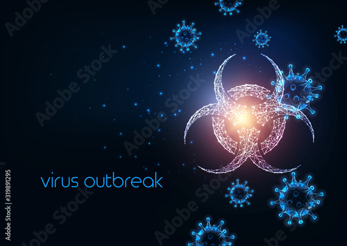 Futuristic virus outbreak concept with glowing low polygonal virus cells and biohazard symbol