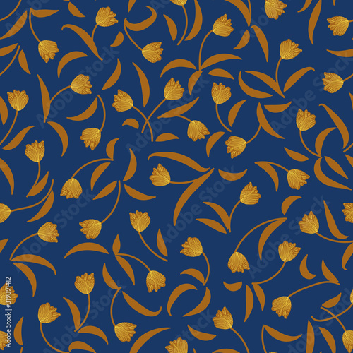 Yellow tulips on a classic blue background seamles vector . Decorative feminine floral surface print design. Great for springtime projects.