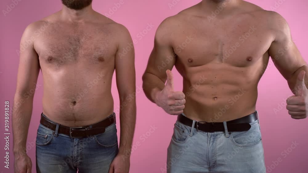 Video motivation for sport training. Fat man with tummy staying on the left, muscular body man staying on the right and demonstrating his perfect torso and showing thumbs up. Reaching goals concept in Video motivation for sport training. Fat man with tummy staying on the left, muscular body man staying on the right and demonstrating his perfect torso and showing thumbs up. Reaching goals concept in