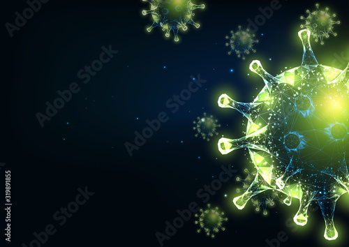 Futuristic abstract background with glowing low polygonal virus cells on dark green background.