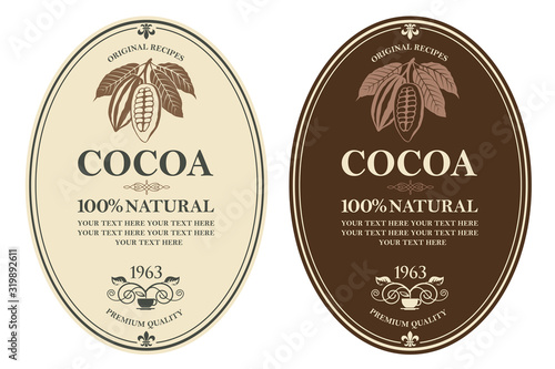 collection of labels with cocoa beans, branch and leaves