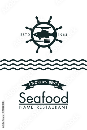 seafood menu design with fish and helm on white background