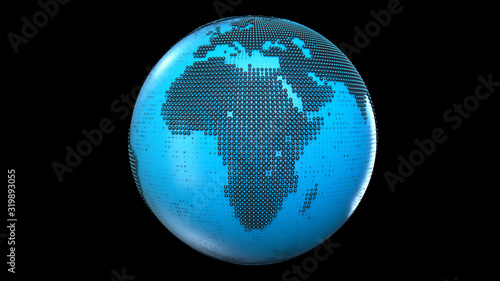3d render of the globe with black toruses on the blue sphere. Isolated on a black background.