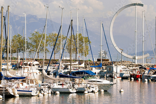 Marina and yachts in Lake Geneva in Lausanne, Ouchy fishing village, in Switzerland