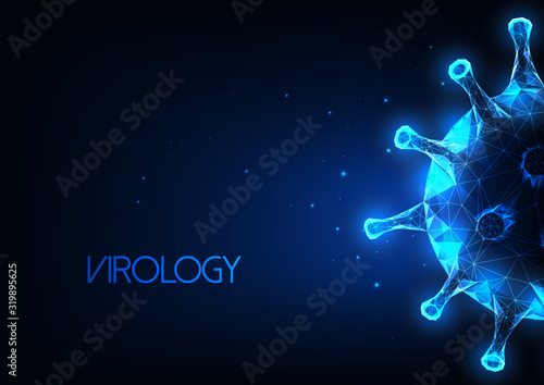 Futuristic virology, immunology abstract web banner with glowing low polygonal virus cells