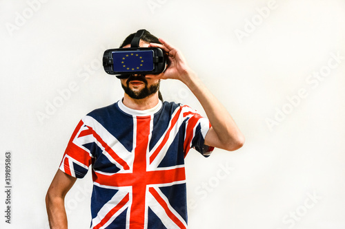 BREXIT conceptual image - Man with 4K Glasses watching United Kingdom exit from the European Union