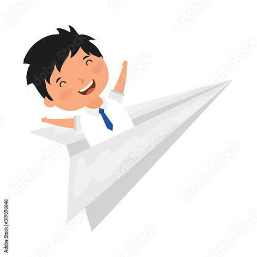 cute little student boy in paper airplane