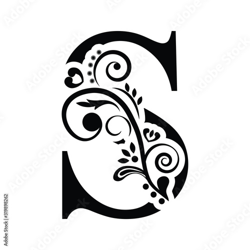 letter S. Vintage black flower ornament initial letters.  Alphabet. Logo vector 
