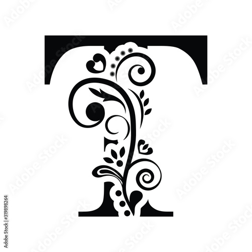 letter T. Vintage black flower ornament initial letters.  Alphabet. Logo vector 