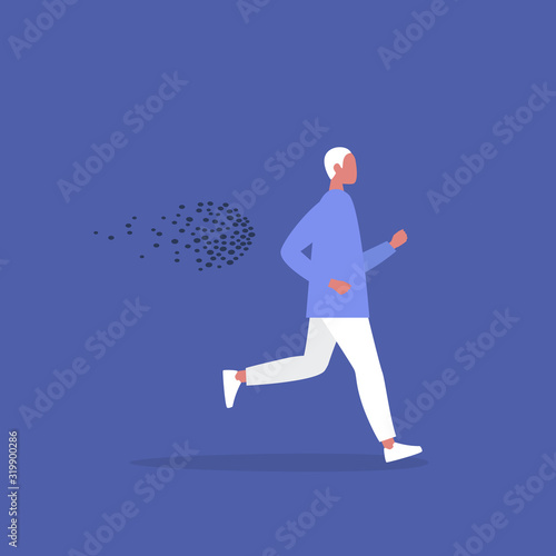 Young male character running away from a bee swarm