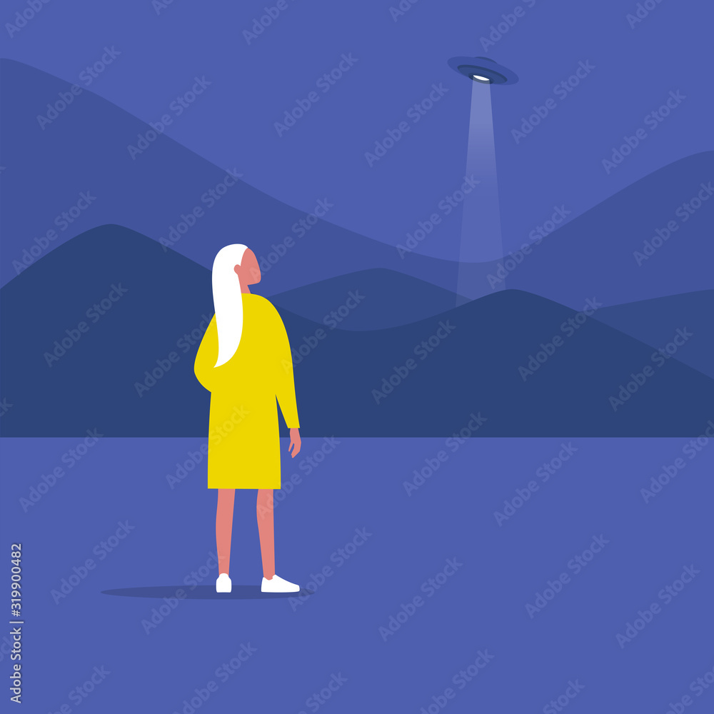 Young female character looking at the ufo spaceship, scientific fantasy Young female character looking at the ufo spaceship, scientific fantasy