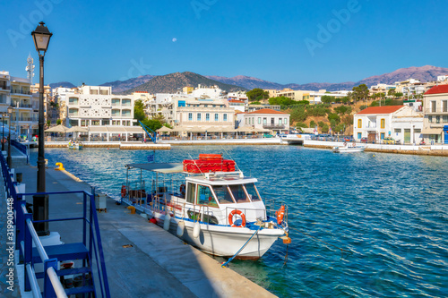 Morning view of Agios Nikolaos marina. Picturesque town of the island Crete, Greece. Image