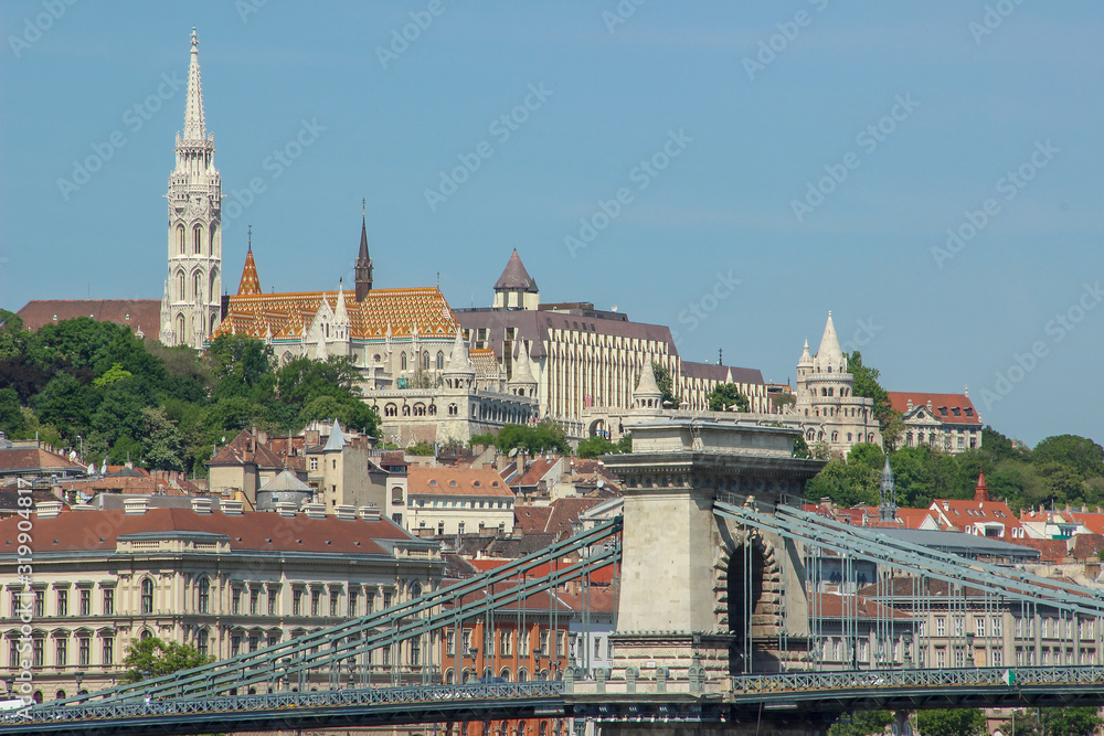 Skyline with Church of St. Matthias, Fisherman's Bastion and Chain Bridge. Budapest, Hungary.