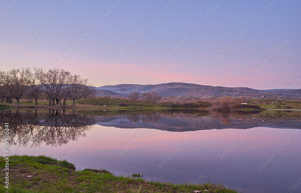 Trees reflected in the water at sunset