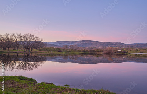 Trees reflected in the water at sunset