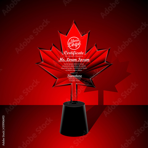 Crystal trophy certificate design template on red background.