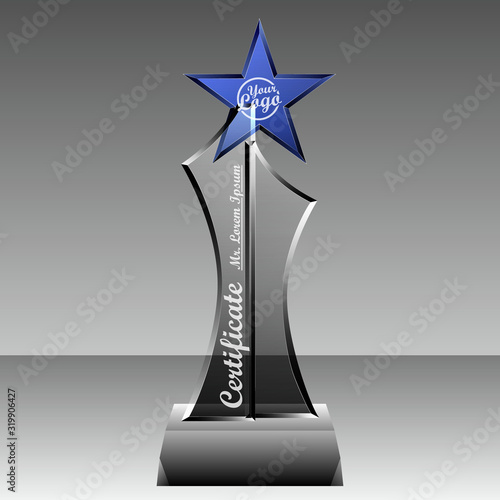 Crystal trophy certificate design template on red background.
