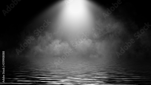 Divine light through a dark fog. The rays beam light on the floor. Spotlight on isolated background. Stock illustration.. Reflection on water. © Victor