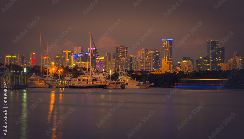 night sunset miami florida cityscape city lighting river panorama skyline architecture buildings boat dusk downtown prints