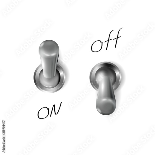 Set 3d metal toggle switches, realistic chrome objects. The On and off. Silver or steel switcher design. Vector illustration.