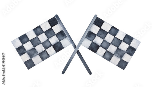 Two racing checkered flags with crossed sticks. Symbol of competition, riding, finish line. Hand painted watercolour grungy drawing on white background, cutout clip art element for design decoration. photo