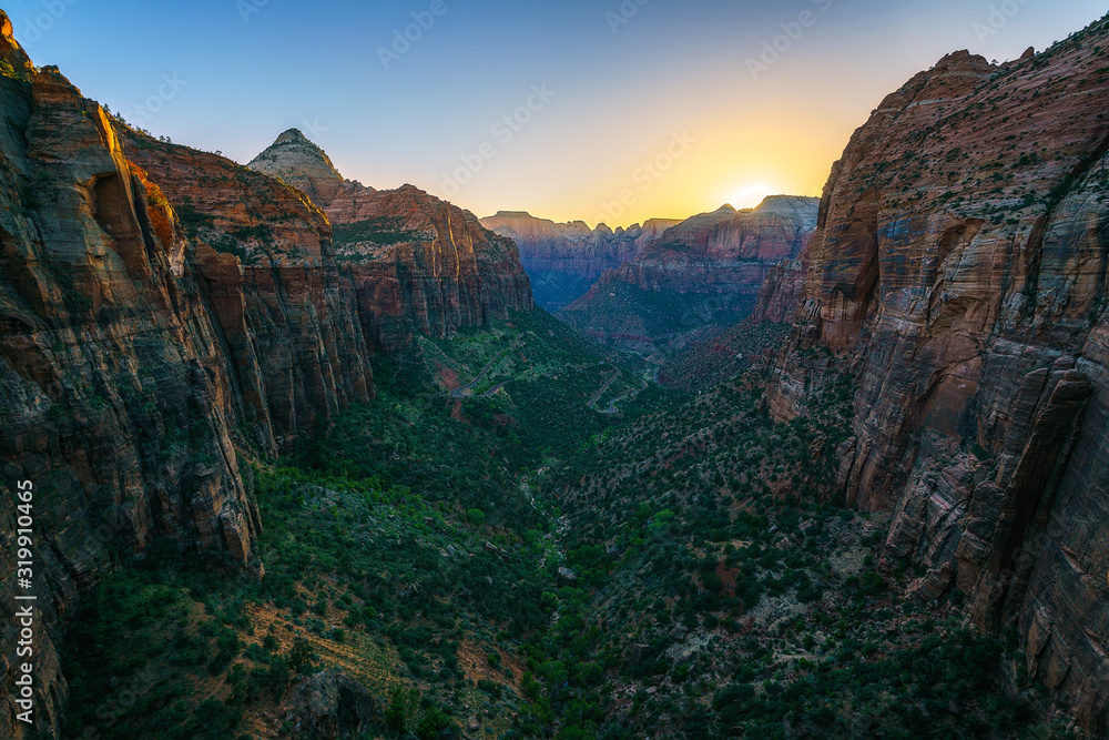 canyon overlook at sunset in zion national park, utah, usa