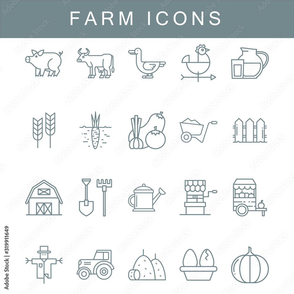 Set of farmers Related Vector Line Icons. Contains such as Icons as pigs, cows, chickens, fruits, shops and more.