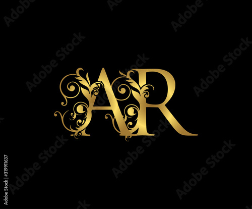Luxury  letter A, R and AR  Vintage Gold Floral Logo Icon, overlapping monogram logo, elegant luxury gold color on black background. Classy Letter Logo Icon.