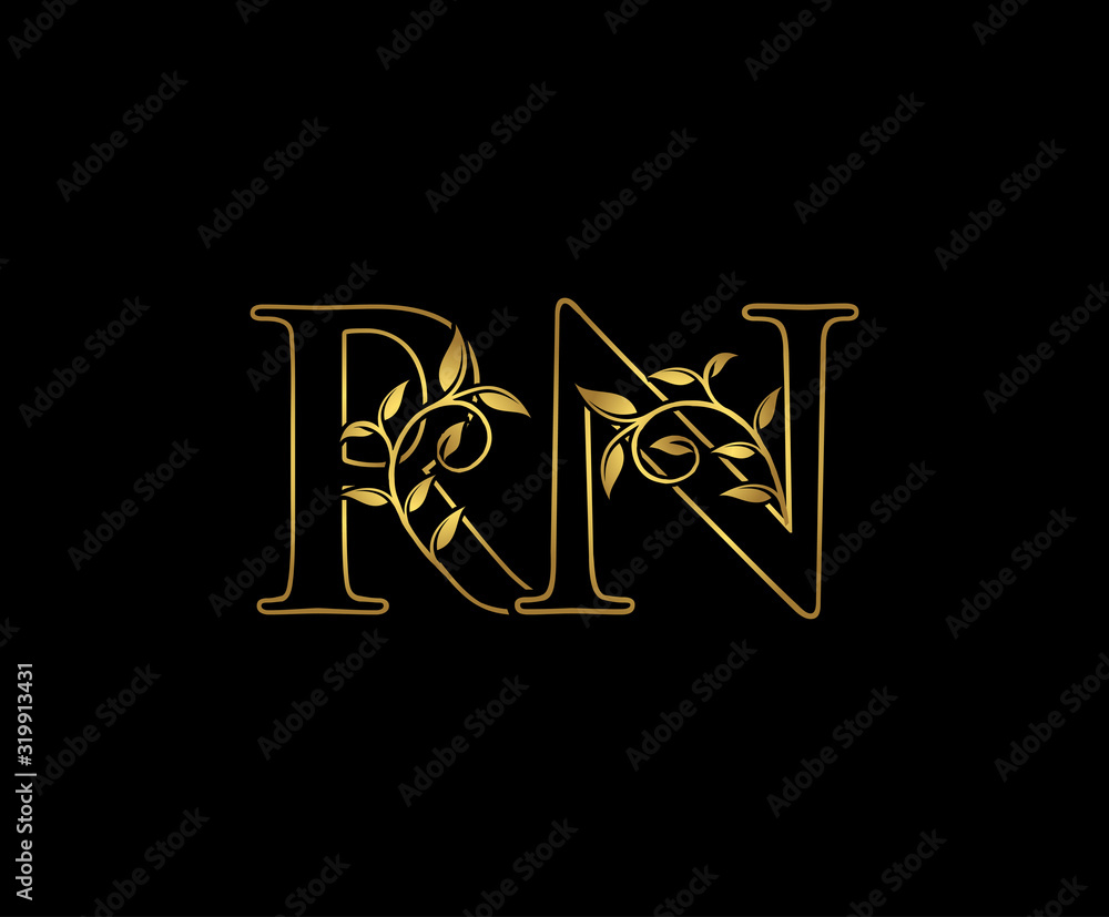 Luxury Gold R, N and RN Letter Classy Floral Logo Icon, Elegant Design. Luxury Gold R, N and RN Letter Classy Floral Logo Icon, Elegant Design.