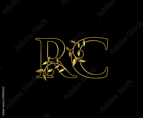 Luxury Gold R, C and RC Letter Classy Floral Logo Icon,  Elegant Design.