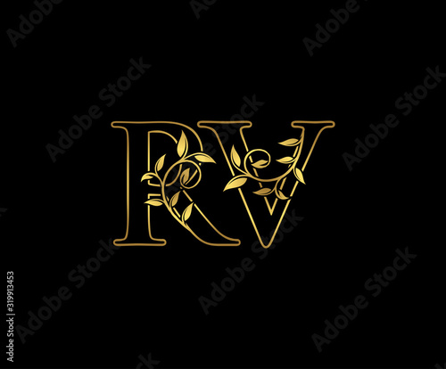 Luxury Gold R, V and RV Letter Classy Floral Logo Icon, Elegant Design.