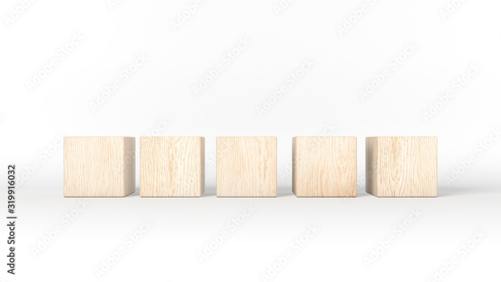Five wooden blocks isolated on white background. 3d illustration. Five wooden blocks isolated on white background. 3d illustration.