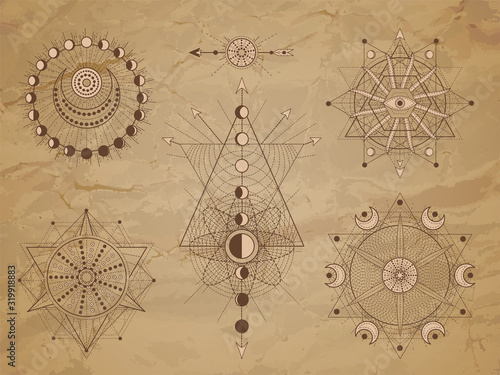 Vector set of Sacred symbols with moon, eye, arrow and geometric figures on old paper background. Abstract mystic signs collection.