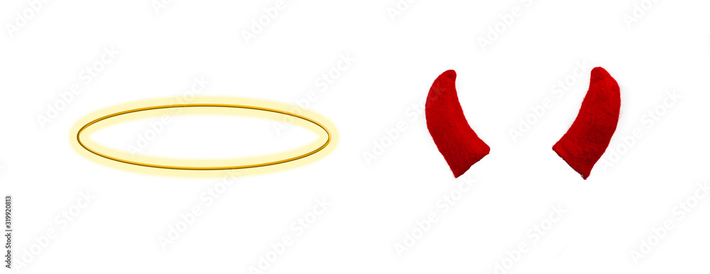 golden glowing halo and red horns isolated on white - obrazy, fototapety, plakaty 