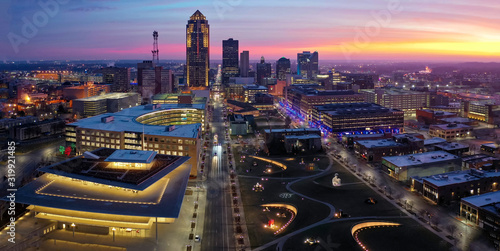 Aerial of Downtown Des Moines at Sunrise