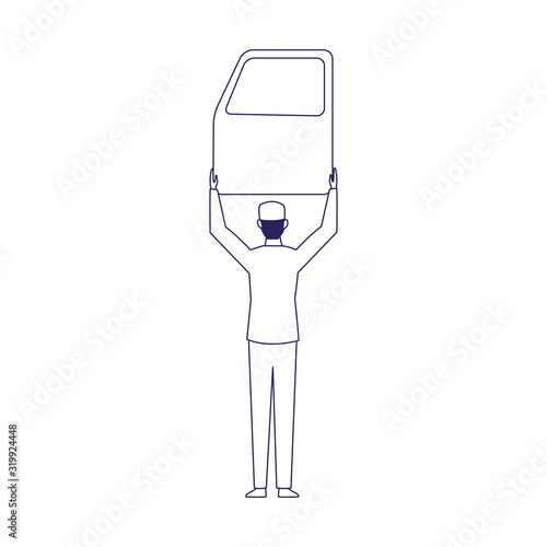 car mechanic holding up a car door, flat design