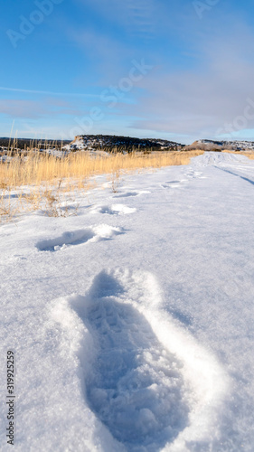 Vertical frame Footprints on fresh white snow covering the road during cold winter season