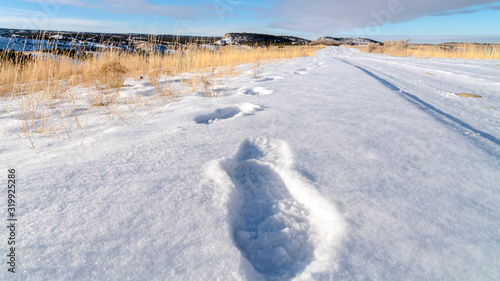 Panorama Footprints on fresh white snow covering the road during cold winter season