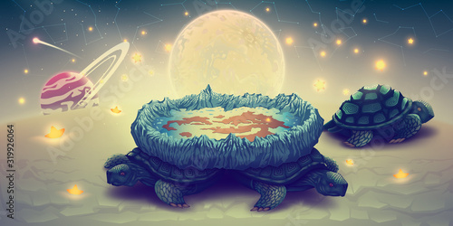 Flat earth model on a three turtles, concept cosmology of flat world in space with solar system, sun, moon and stars. Disk globe theory vs spherical planets. Fantasy landscape, vector illustration.
