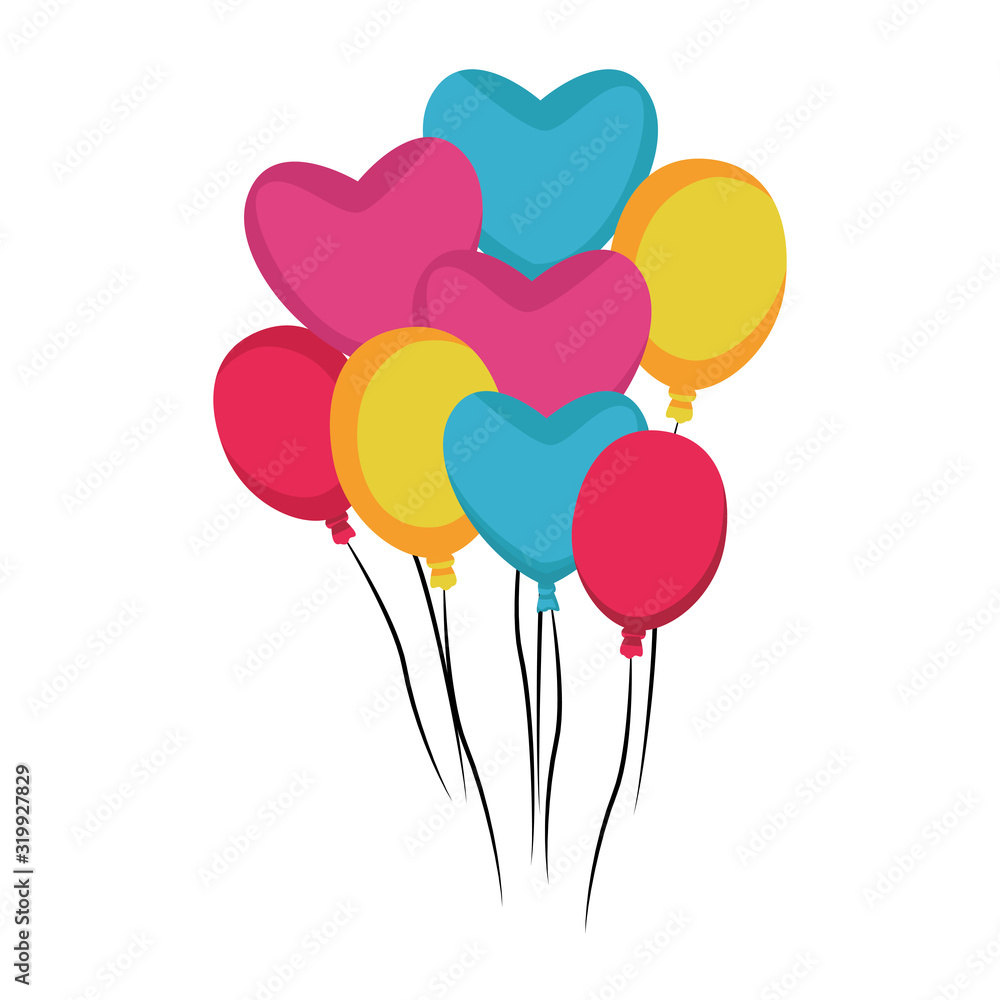 hearts balloons and colorful balloons icon