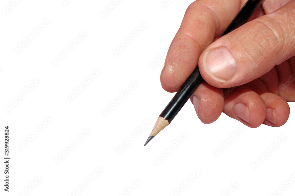 Hand, black pen. Brightly lit with backlight and isolated on a white background. Manual work on the copy. Hand, black pen. Brightly lit with backlight and isolated on a white background. Manual work on the copy.