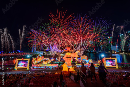 January 30/2020 Fireworks performance on The Float at Marina bay. River Hong Bao is Largest Chinese New Year Carnival in Singapore