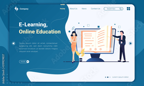 Flat illustration of e-learning or online education on landing page template