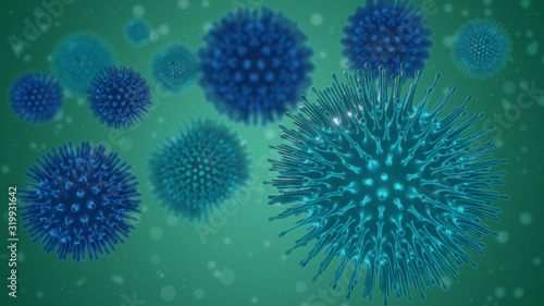 3d illustration pathogenic viruses causing infection in host organism , Viral disease outbreak , influenza virus H5N1, Flu, coronaviruses, Virus abstract background.