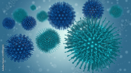 3d illustration pathogenic viruses causing infection in host organism , Viral disease outbreak , influenza virus H5N1, Flu, coronaviruses, Virus abstract background.