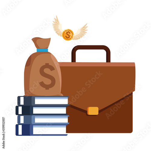 portfolio with money bag and books