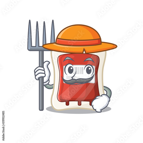 Cheerfully Farmer blood bag cartoon picture with hat and tools